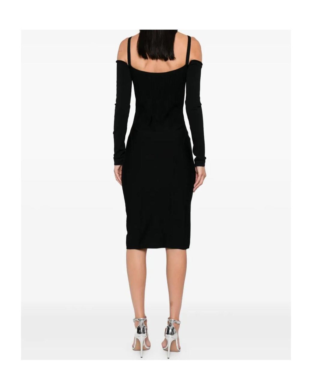 Mugler Black Off-The-Shoulder Long-Sleeved Midi Dress