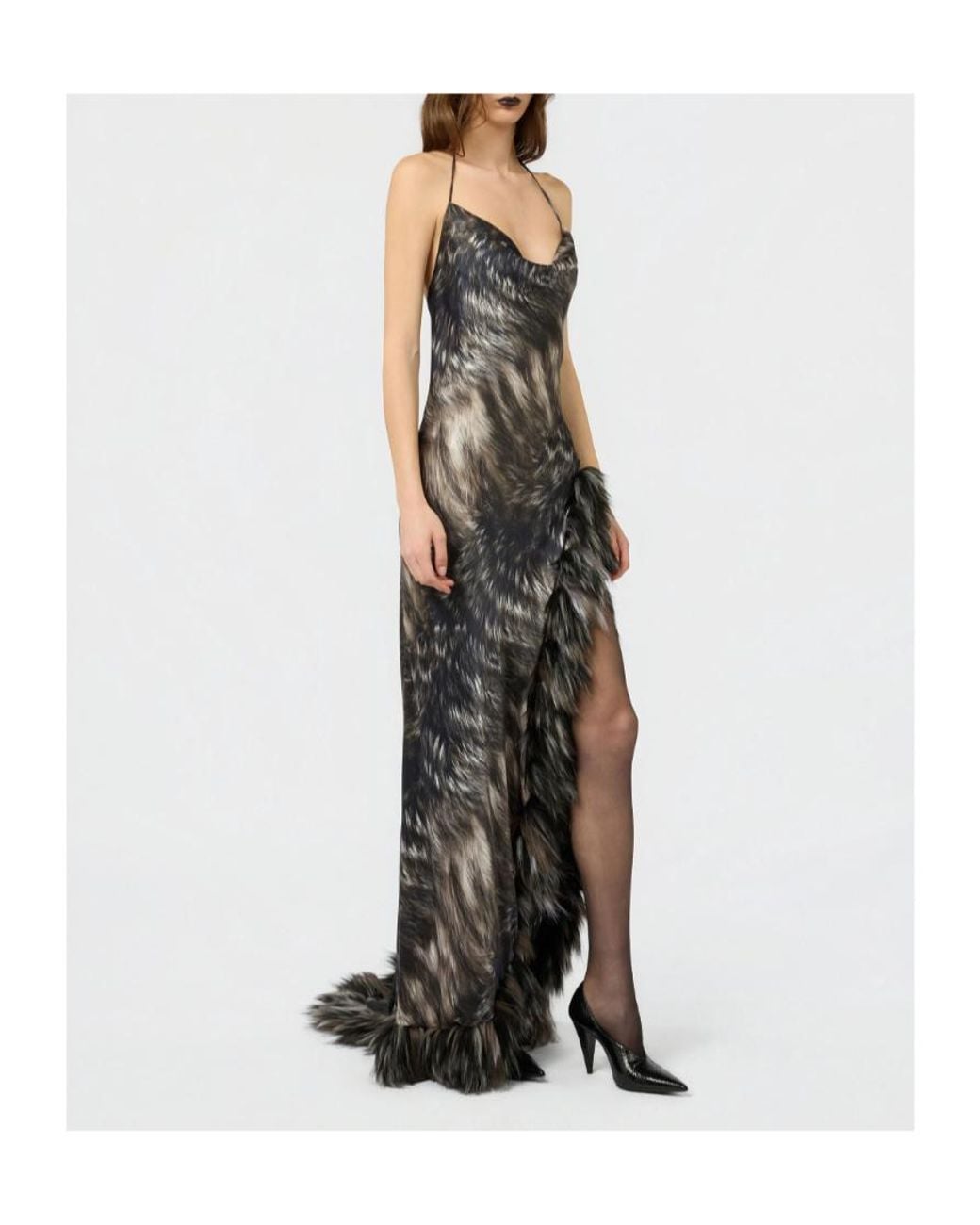 Roberto Cavalli Black Maxi Fur-Print Halterneck Dress