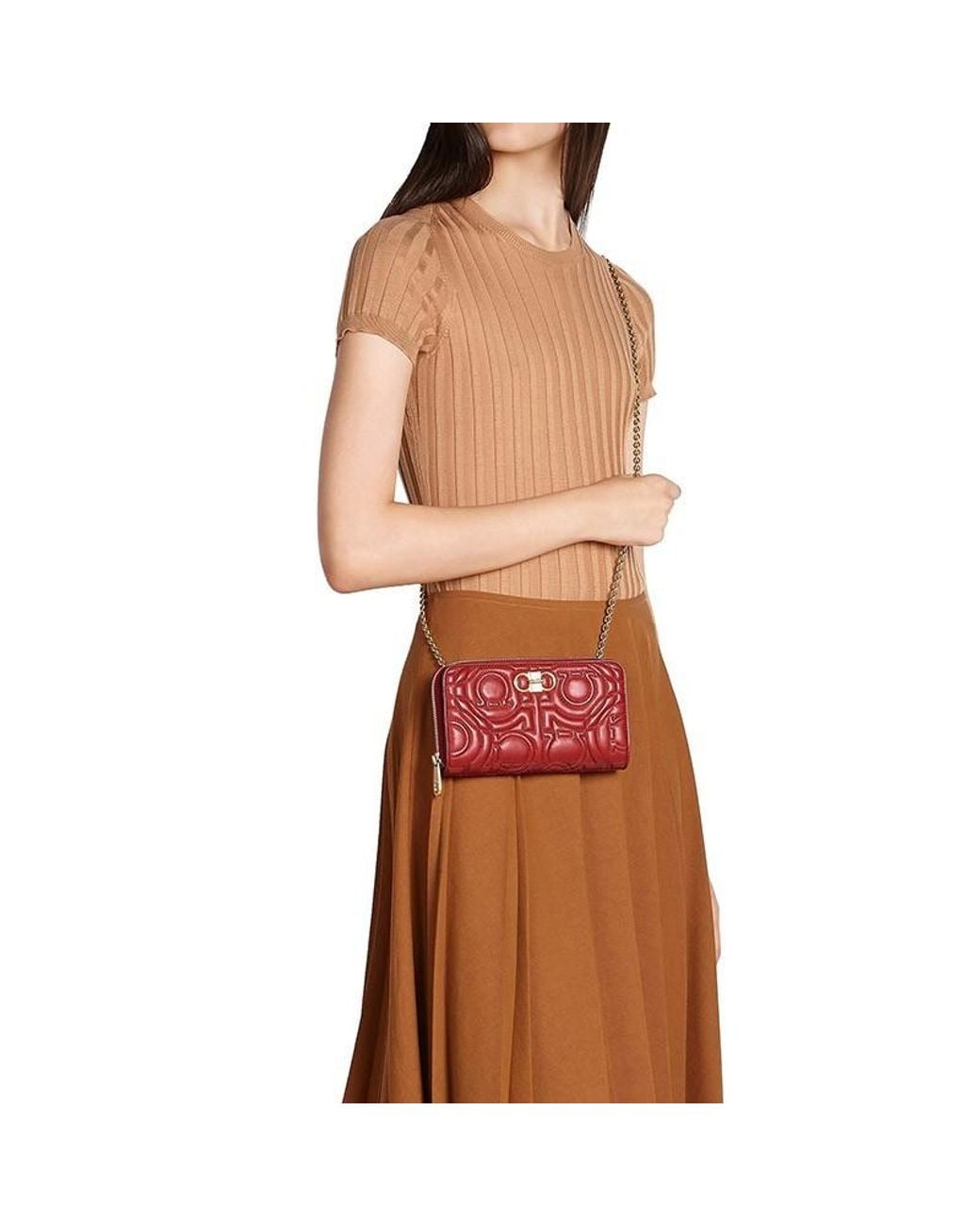 Ferragamo Red Logo Embossed Chain Wallet