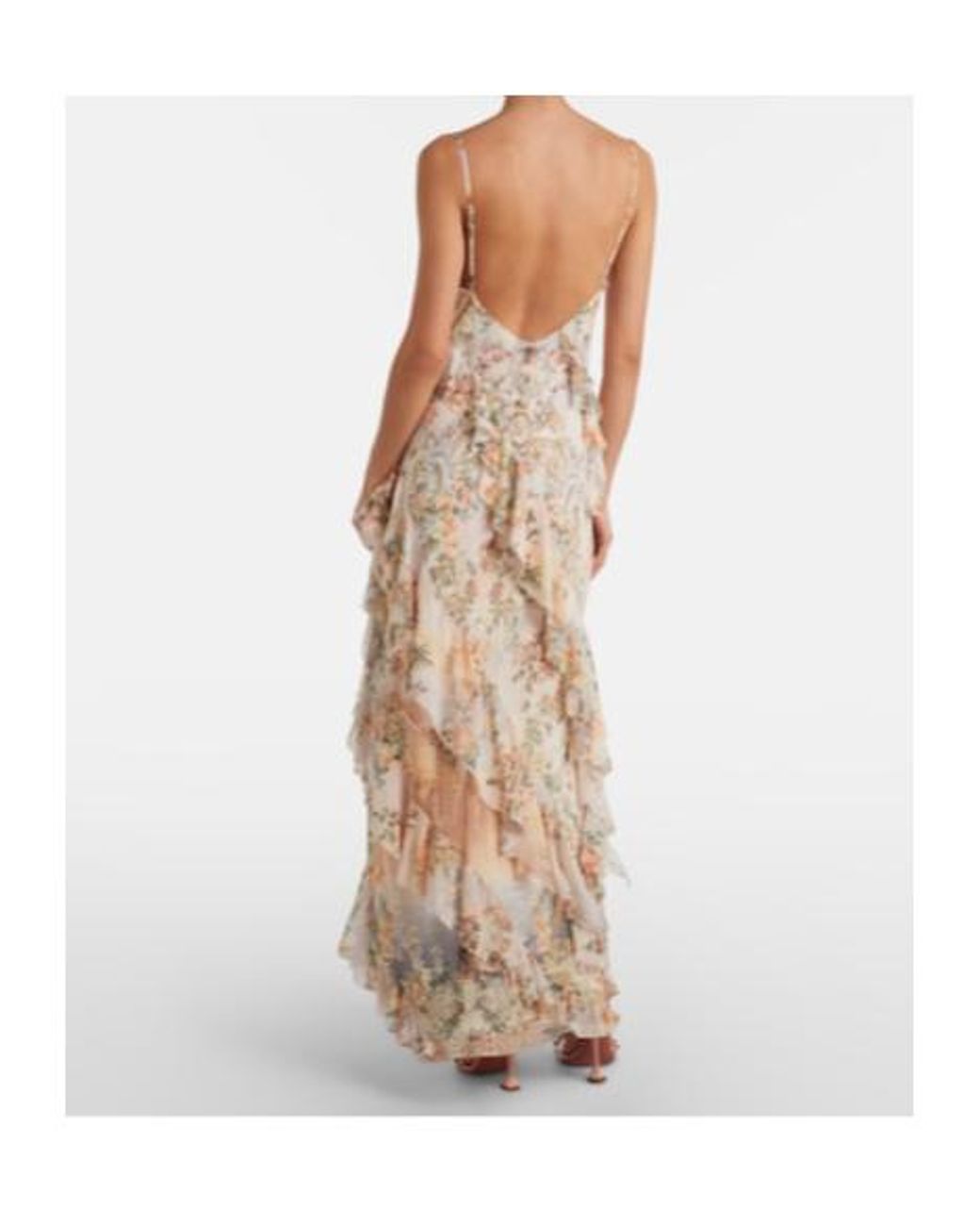 Camilla Natural Embellished Floral Ruffled Silk Maxi Dress