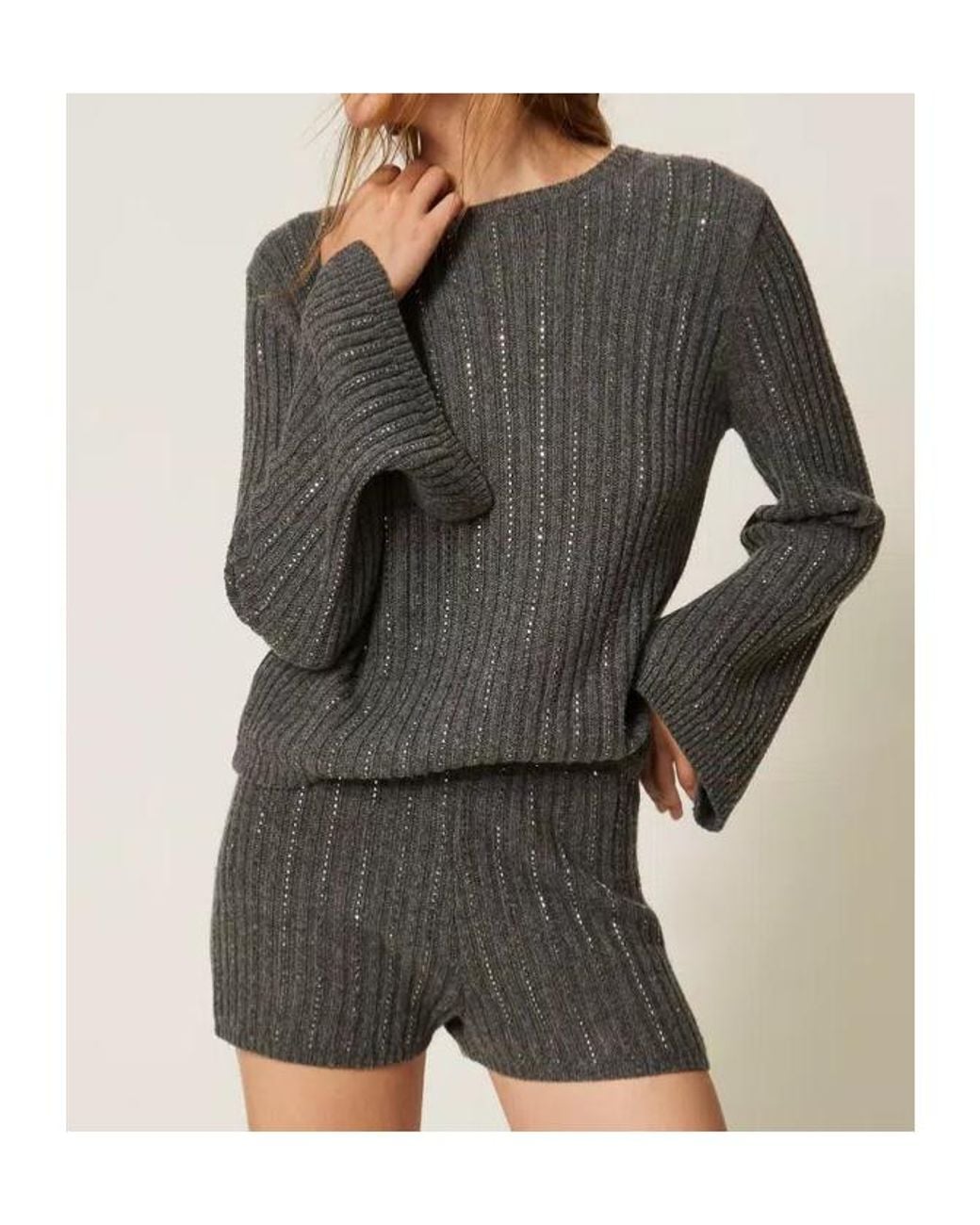 Twinset Gray Strass Ribbed Knitted Sweater