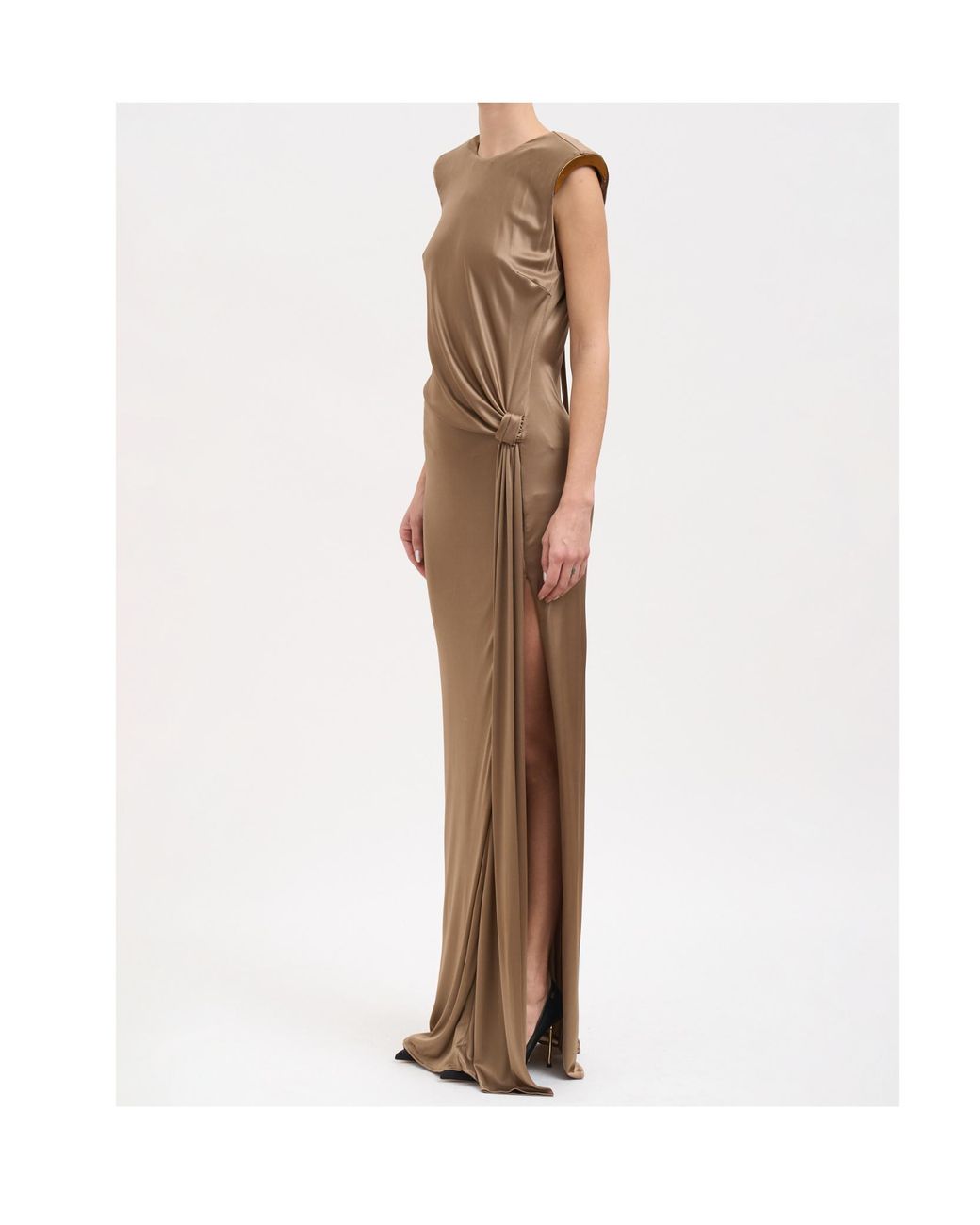 Elisabetta Franchi Brown Pleated Gown With A Slit