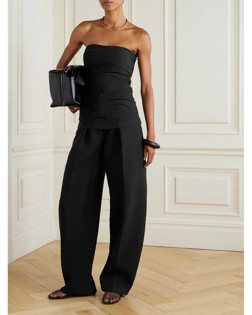 Proenza Schouler Black Strapless Gathered Cotton-Blend Poplin Top