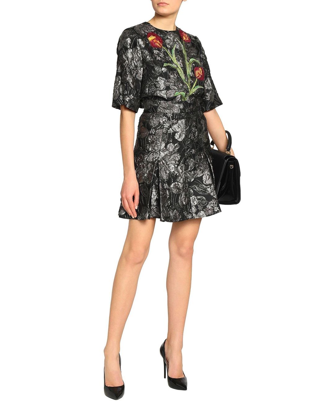 Dolce & Gabbana Gray Floral Jacquard Midi Skirt