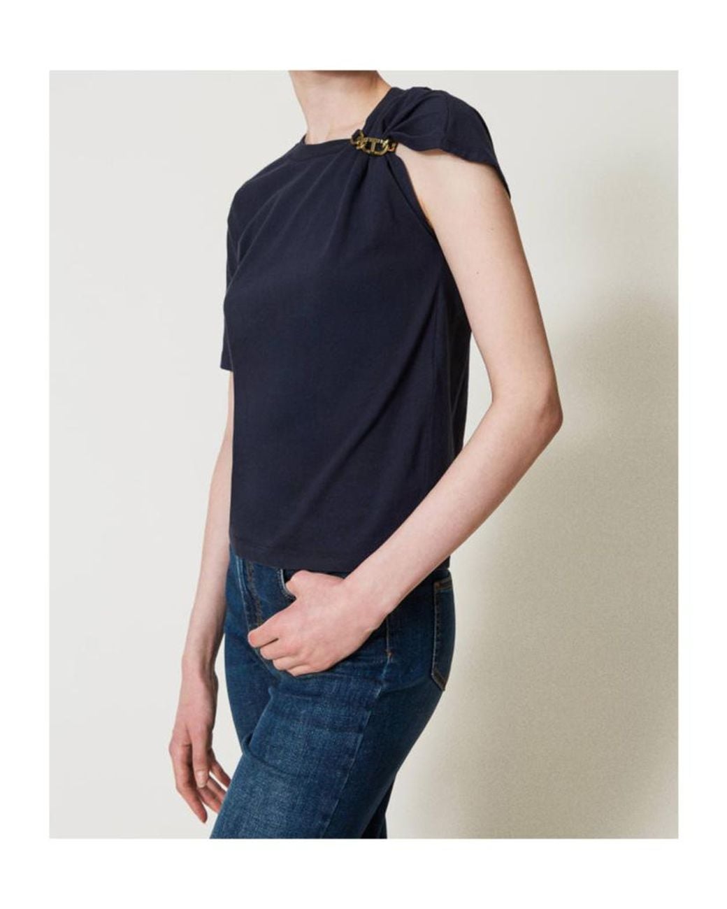 Twinset Blue One-Shoulder Logo Plaque Top