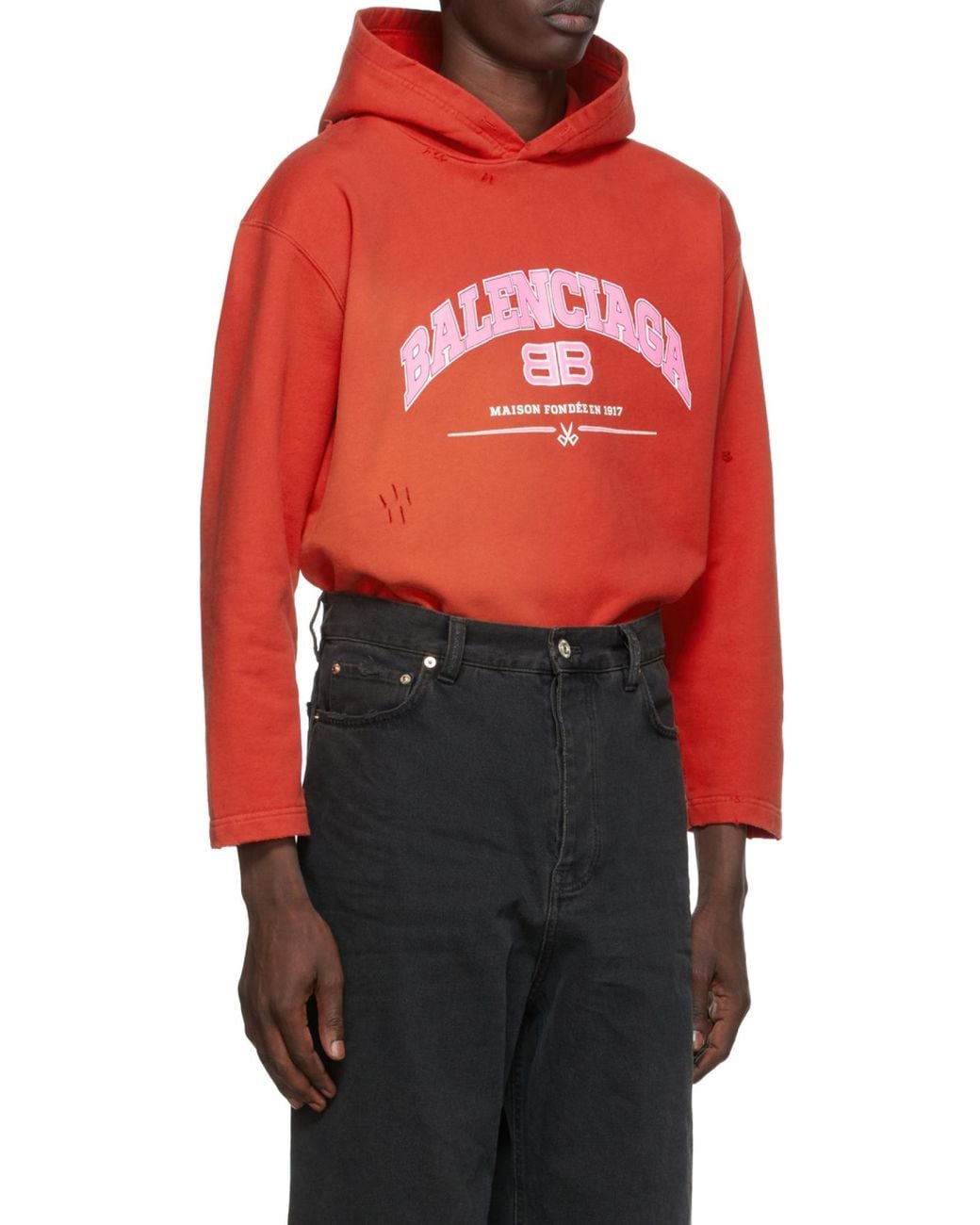 Balenciaga Red Distressed Logo Printed Hoodie