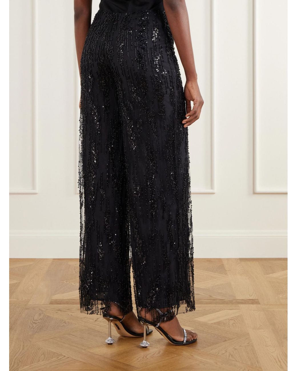 Staud Black Sequin-Trimmed Organza Wide-Leg Pants