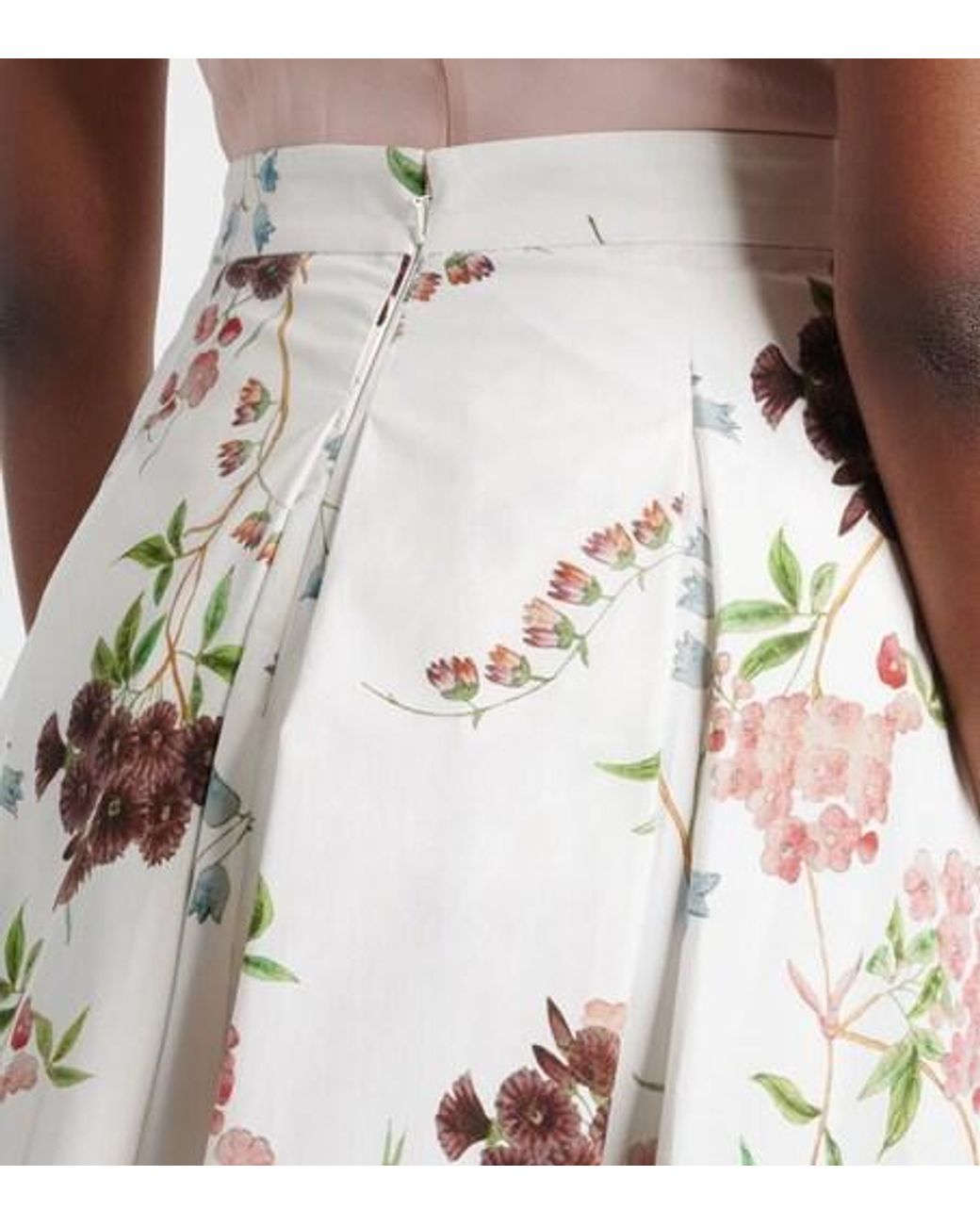 Erdem White Floral Pleated Cotton Poplin Midi Skirt