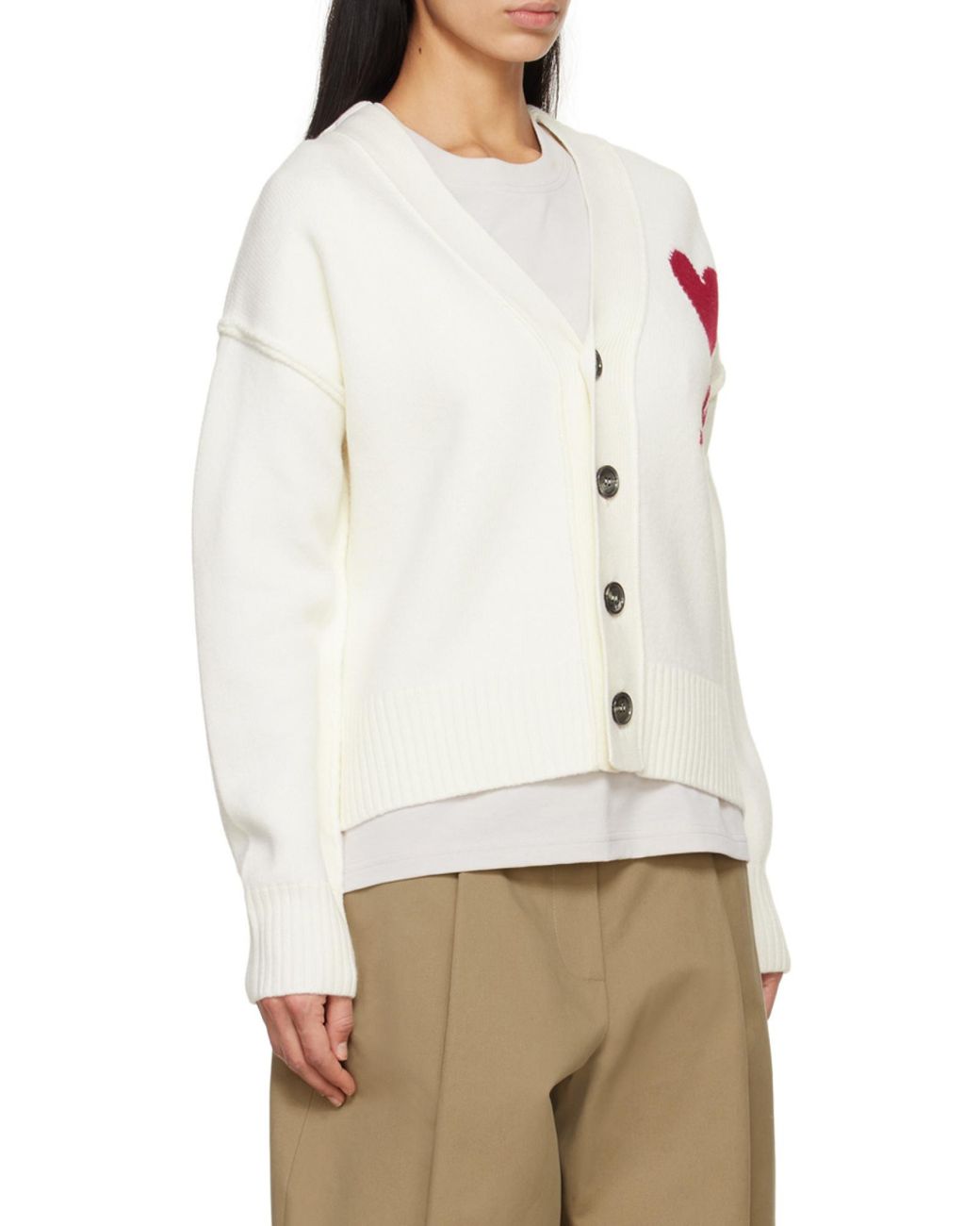 AMI White Ami De Coeur Logo Detailed V-Neck Cardigan for men