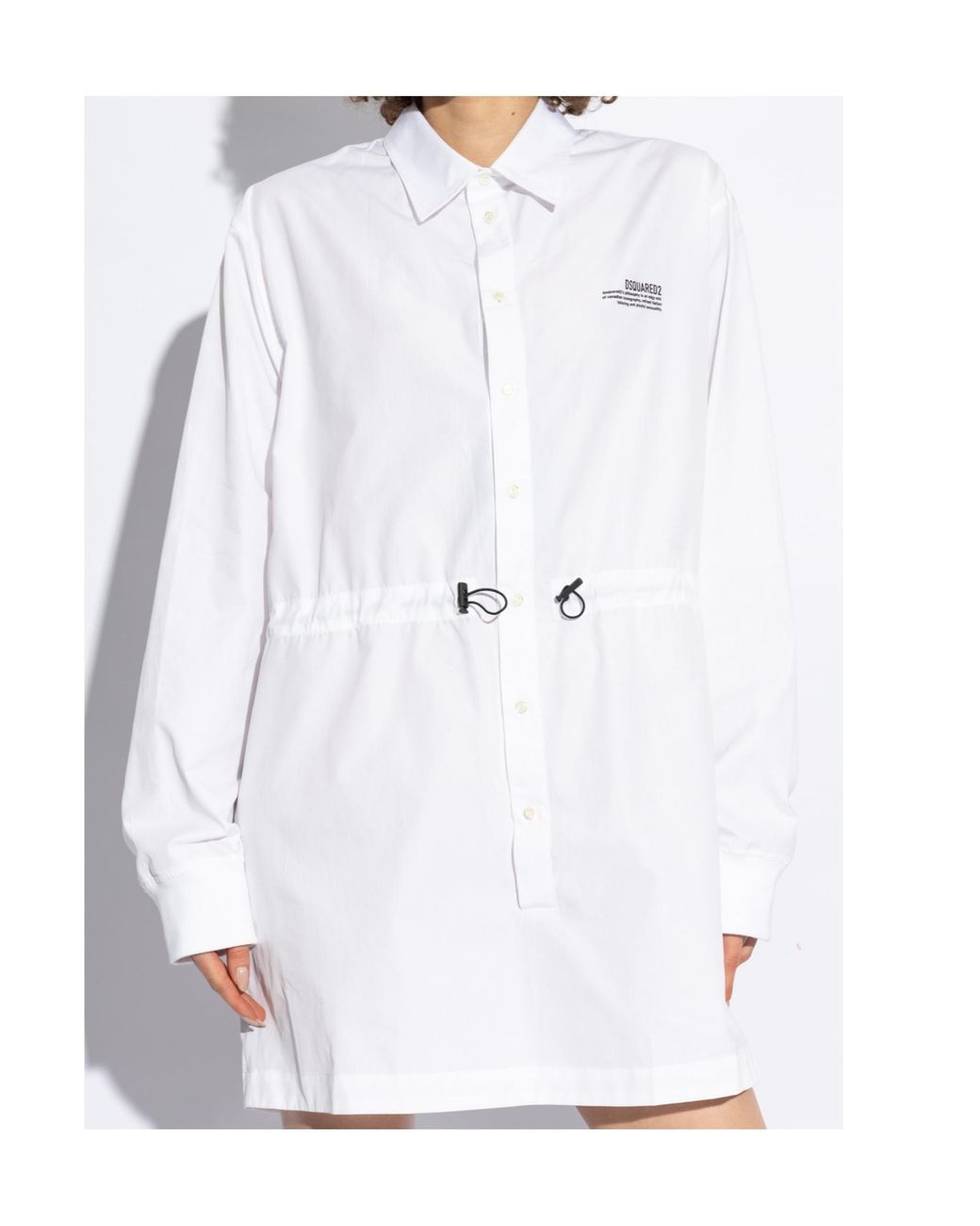 DSquared² White Logo Printed Drawstring Waist Mini Shirt Dress