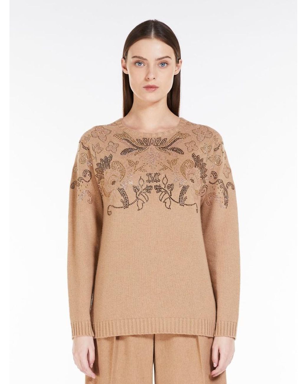 Max Mara Natural Rhinestone Decorated Wool And Cashmere Sweater