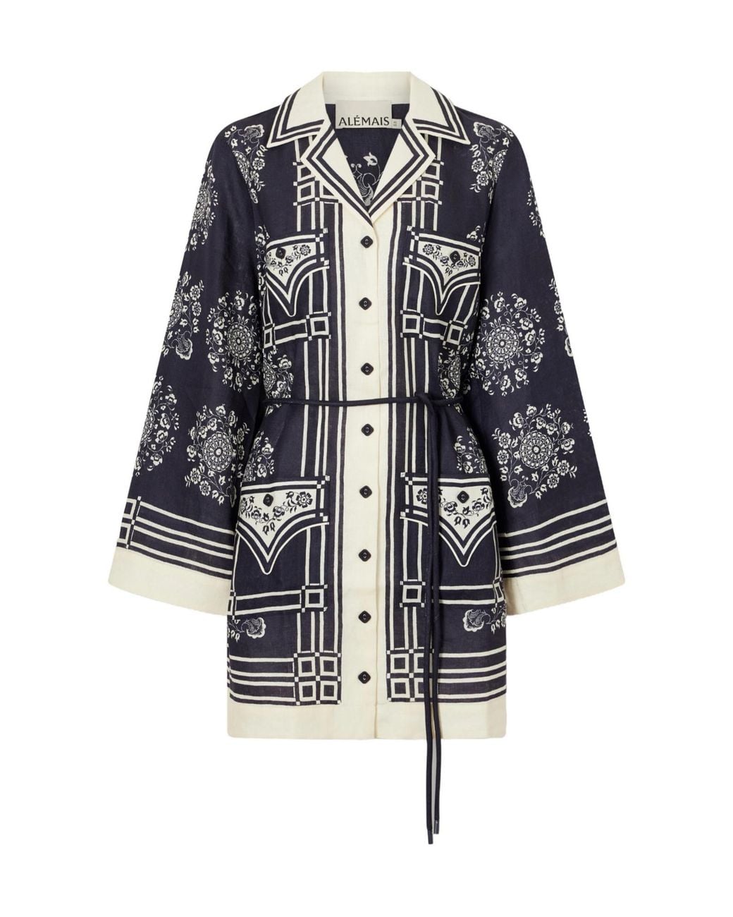 ALÉMAIS Blue Belted Printed Linen Mini Dress