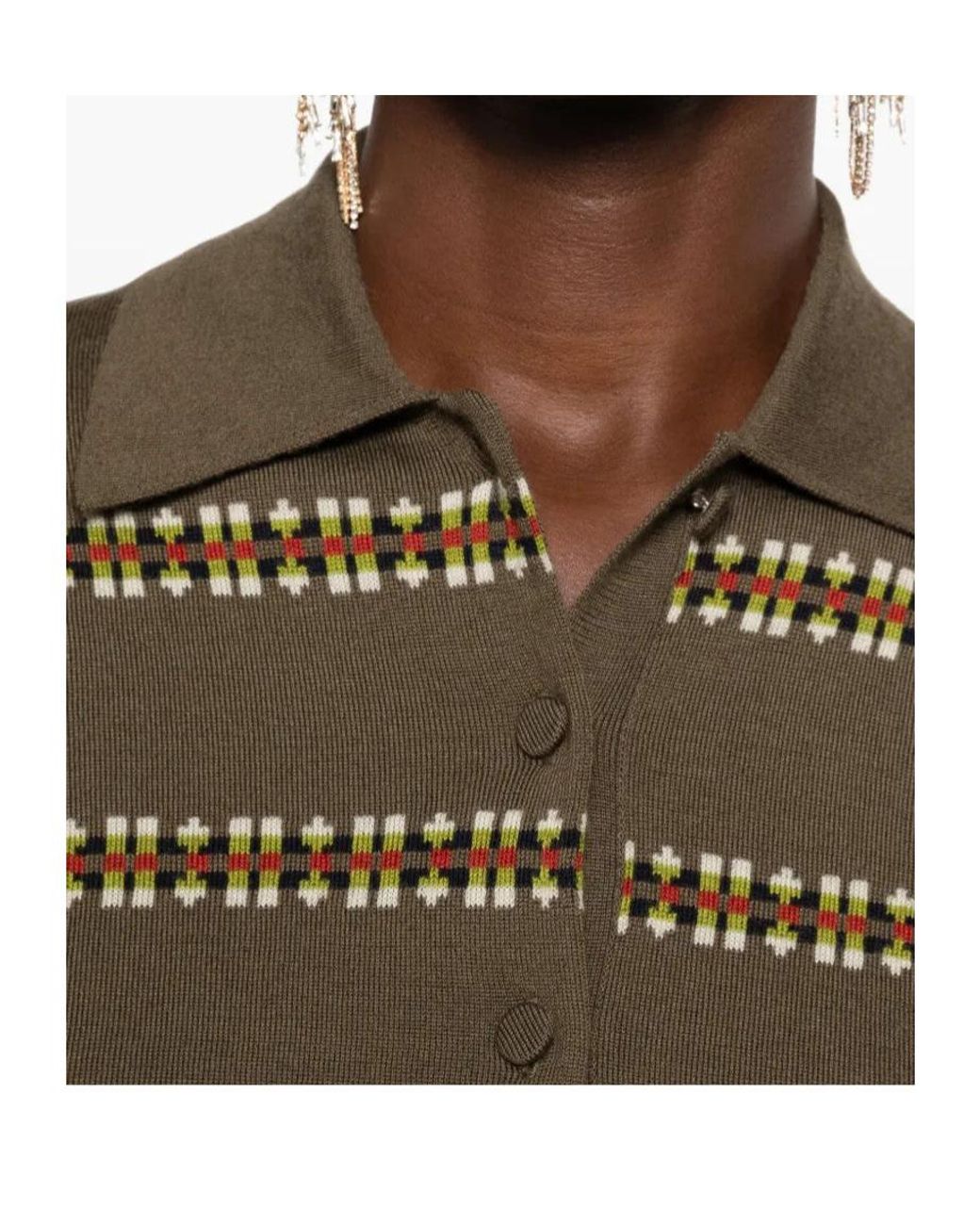 Dries Van Noten Green Striped Knit Polo Shirt
