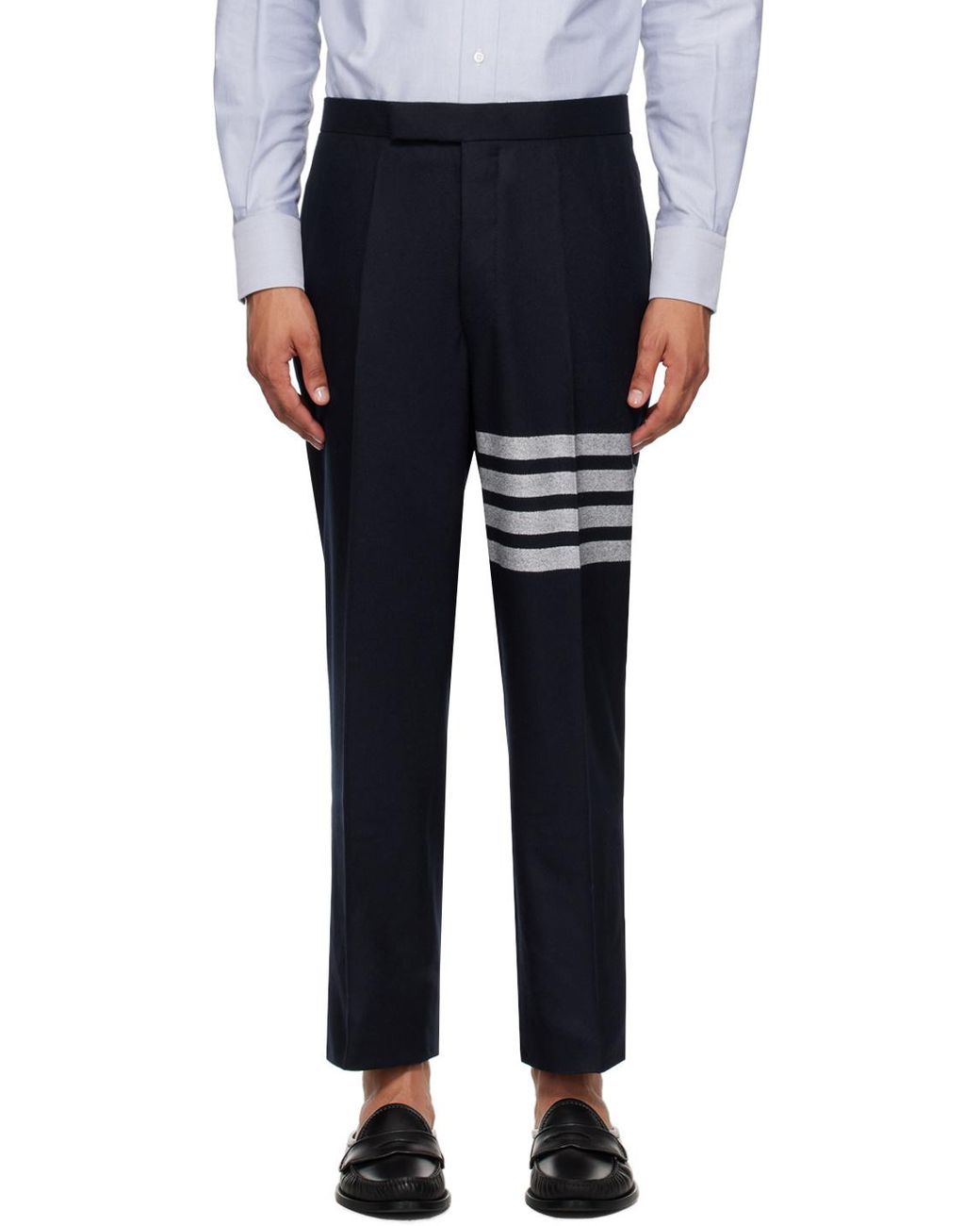 Thom Browne Blue 4-Bar Stripe Detailed Flannel Trousers for men