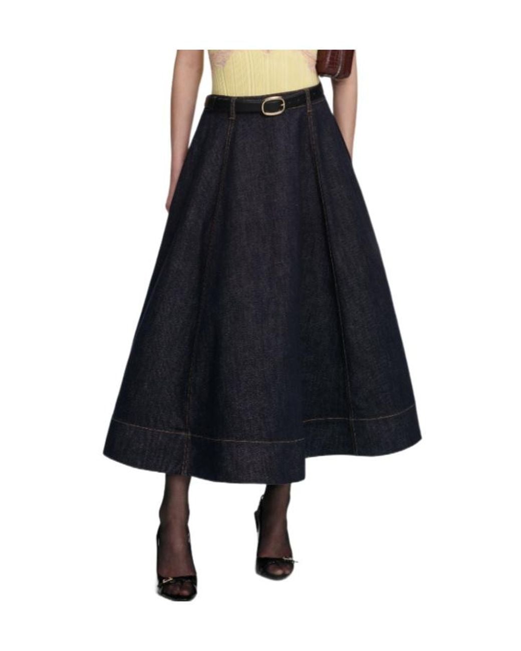 Self-Portrait Black Denim Flared Midi Skirt