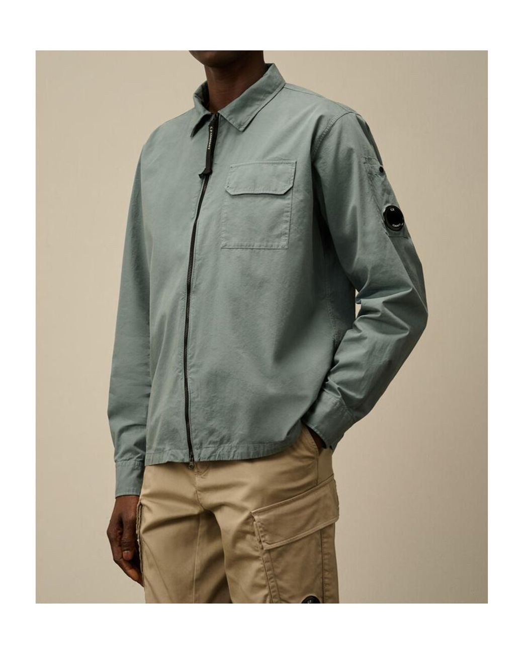 C P Company Green Organic Gabardine Full Zip Overshirt for men