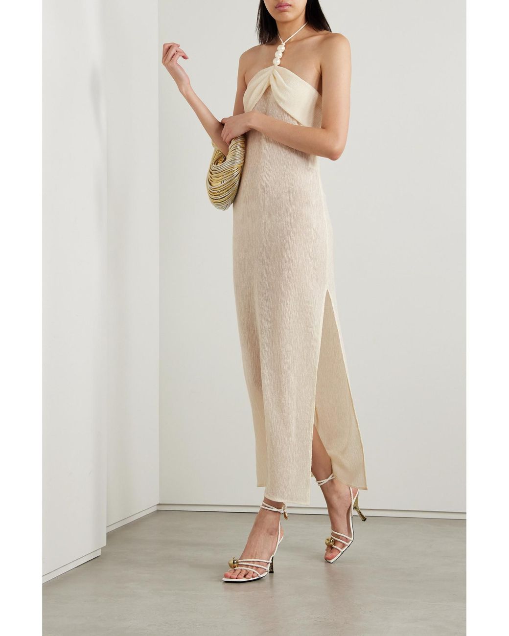 Magda Butrym White Embellished Gathered Stretch Lyocell-Blend Halterneck Maxi Dress