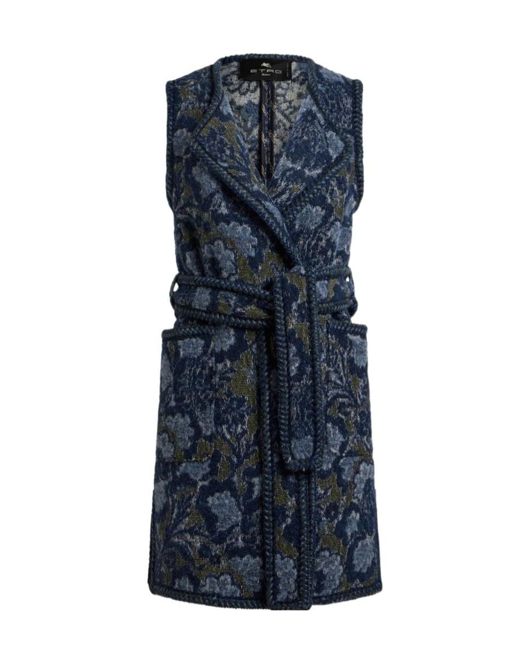 Etro Blue Floral Motif Boucle Jacquard Long Vest