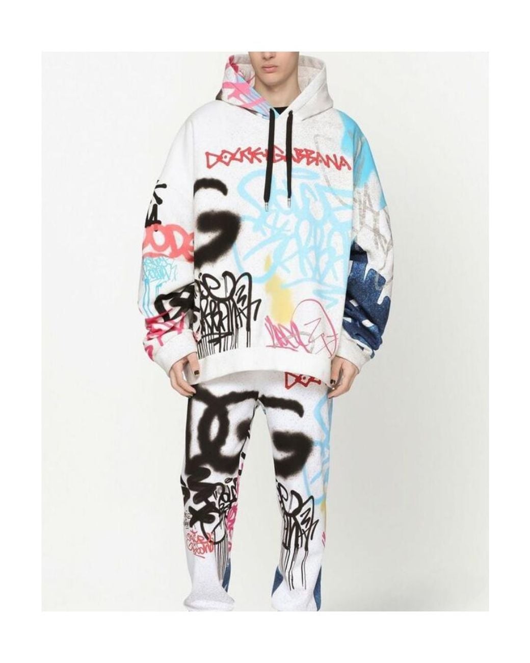 Dolce & Gabbana White Graffiti-Print Cotton-Blend Hoodie for men