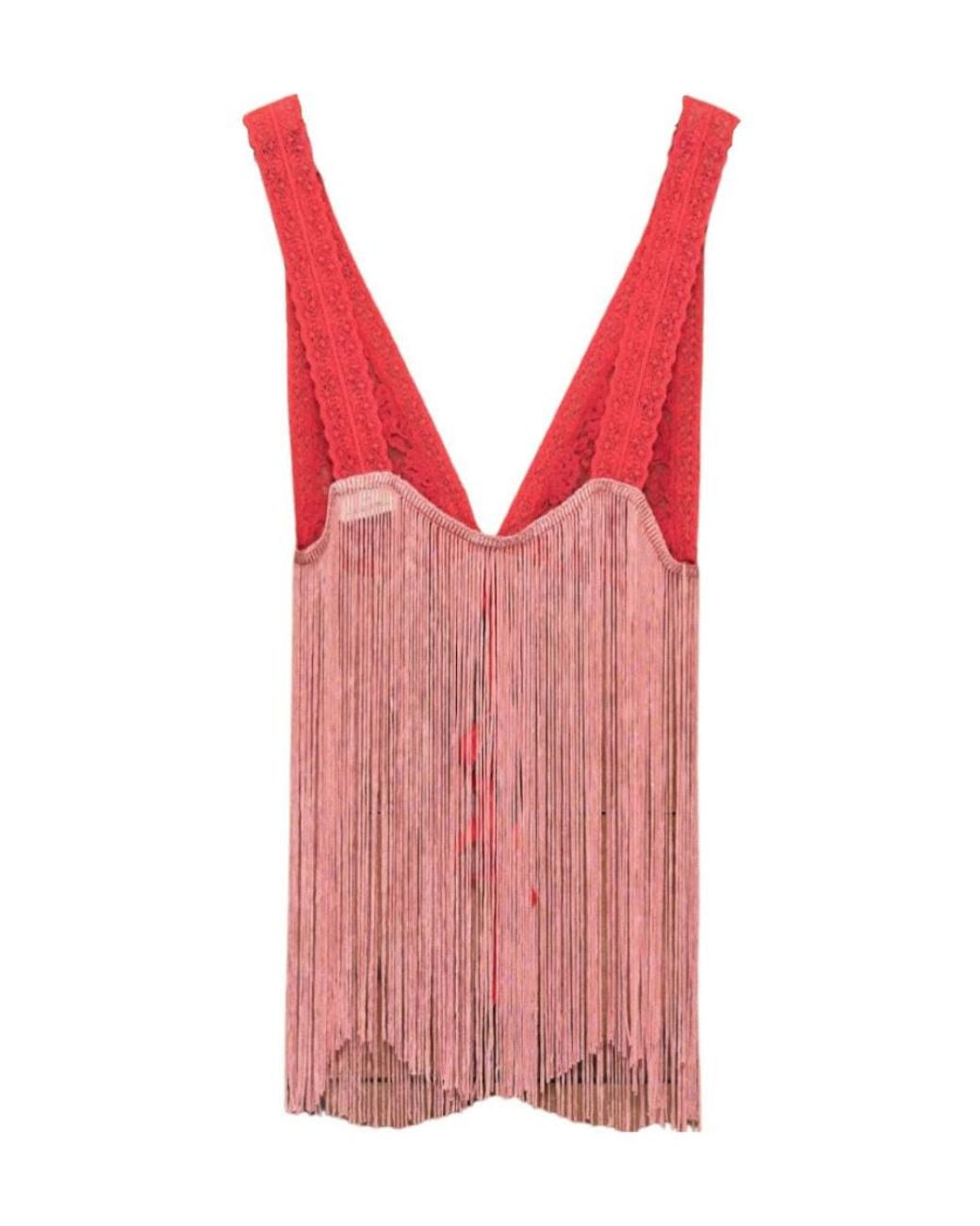 Bode Red Fringed Top