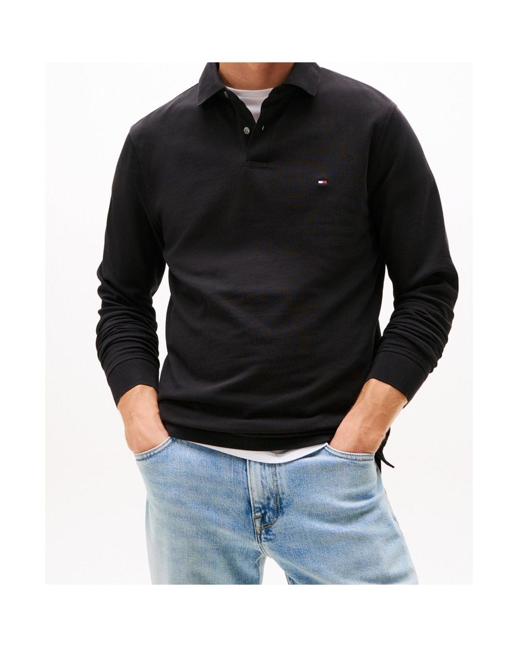 Tommy Hilfiger Black Logo Long Sleeve Polo Shirt for men