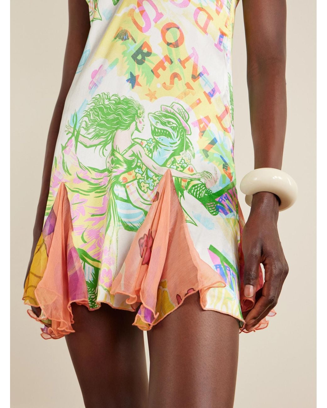 Donde Esteban Green Sonido Bestial Ruffled Lace-Trimmed Printed Silk-Blend Satin And Chiffon Mini Dress