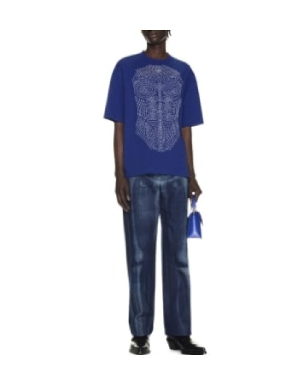 Off-White c/o Virgil Abloh Blue Logo Embroidered Crewneck T-Shirt for men