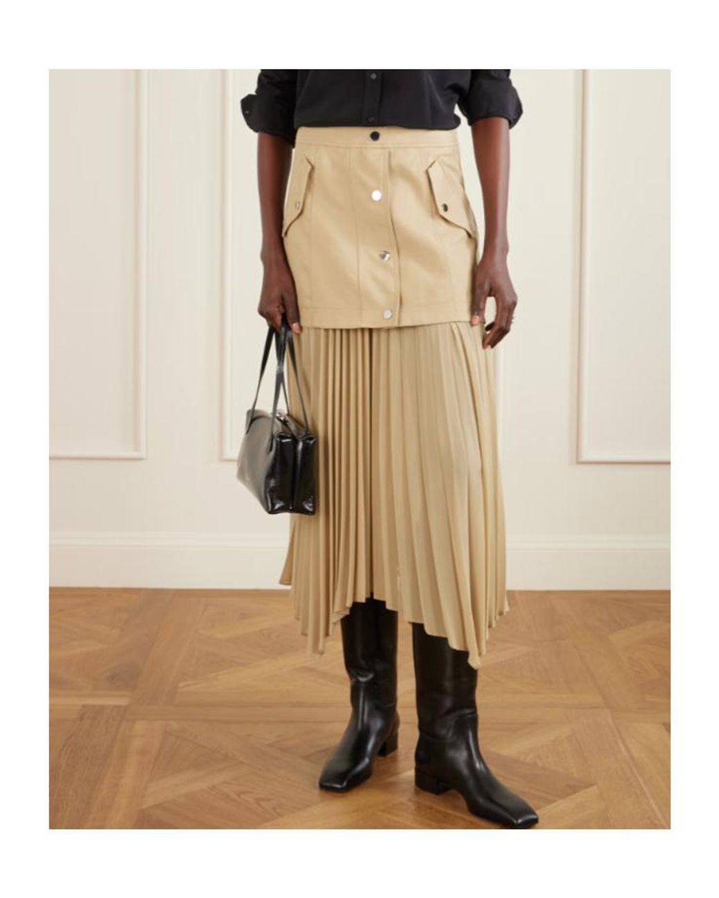Veronica Beard Natural Patricka Asymmetric Layered Pleated Woven Skirt