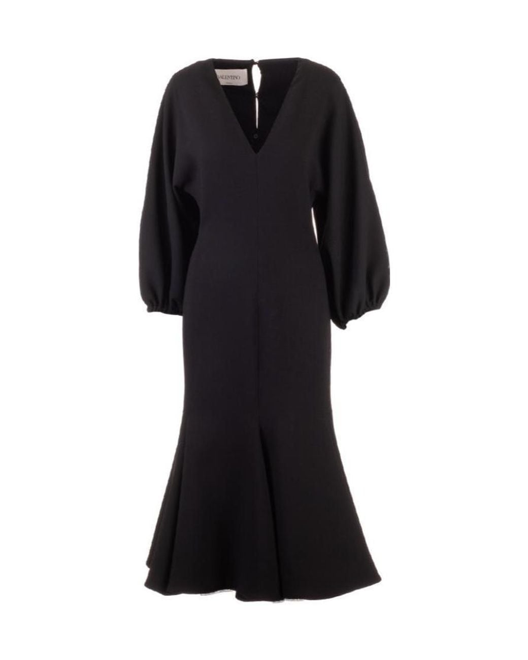 Valentino Black Gathered-Sleeve V-Neck Midi Dress
