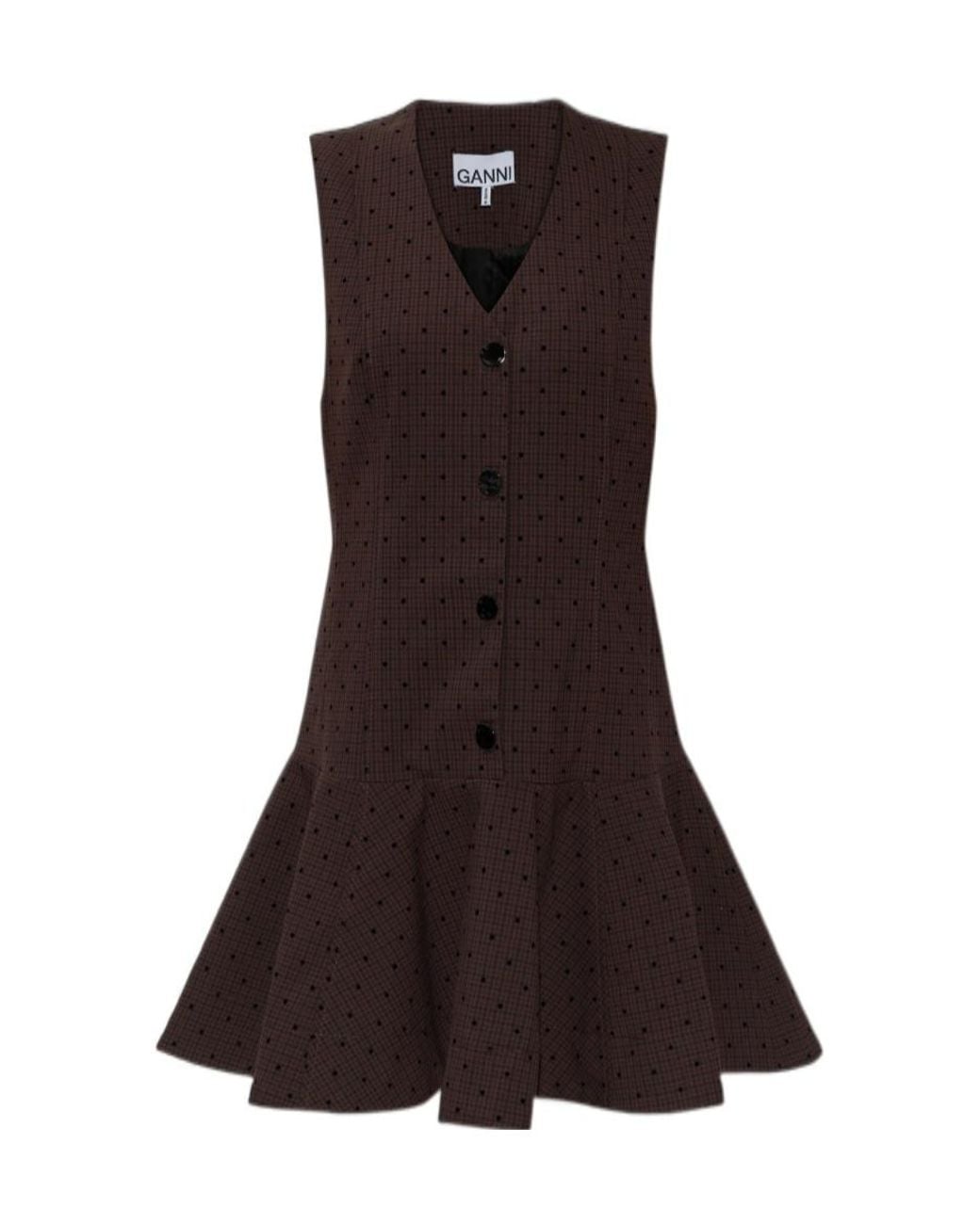 Ganni Brown Flock Check Suiting Dress