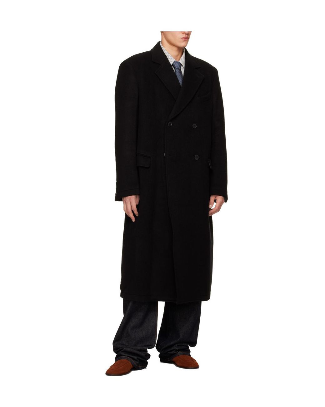 mfpen Black Double-Breasted Long Coat for men