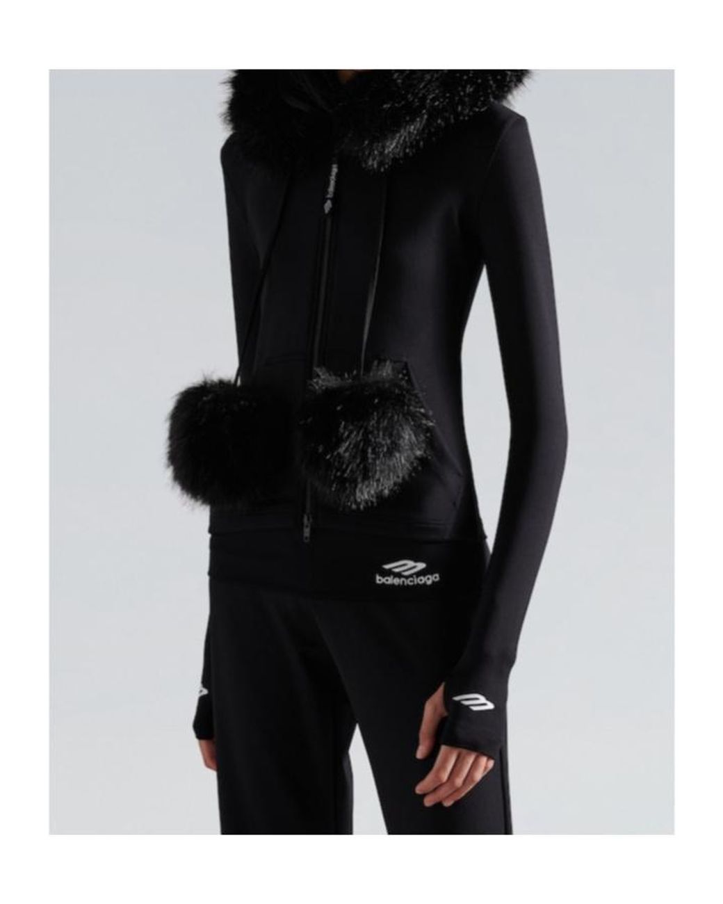 Balenciaga Black Fluffy Zip-Up Hooded Jacket