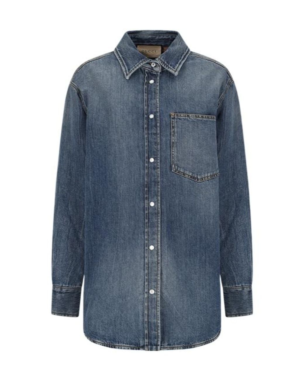 Gucci Blue Logo Plaque Collared Long-Sleeve Shirt