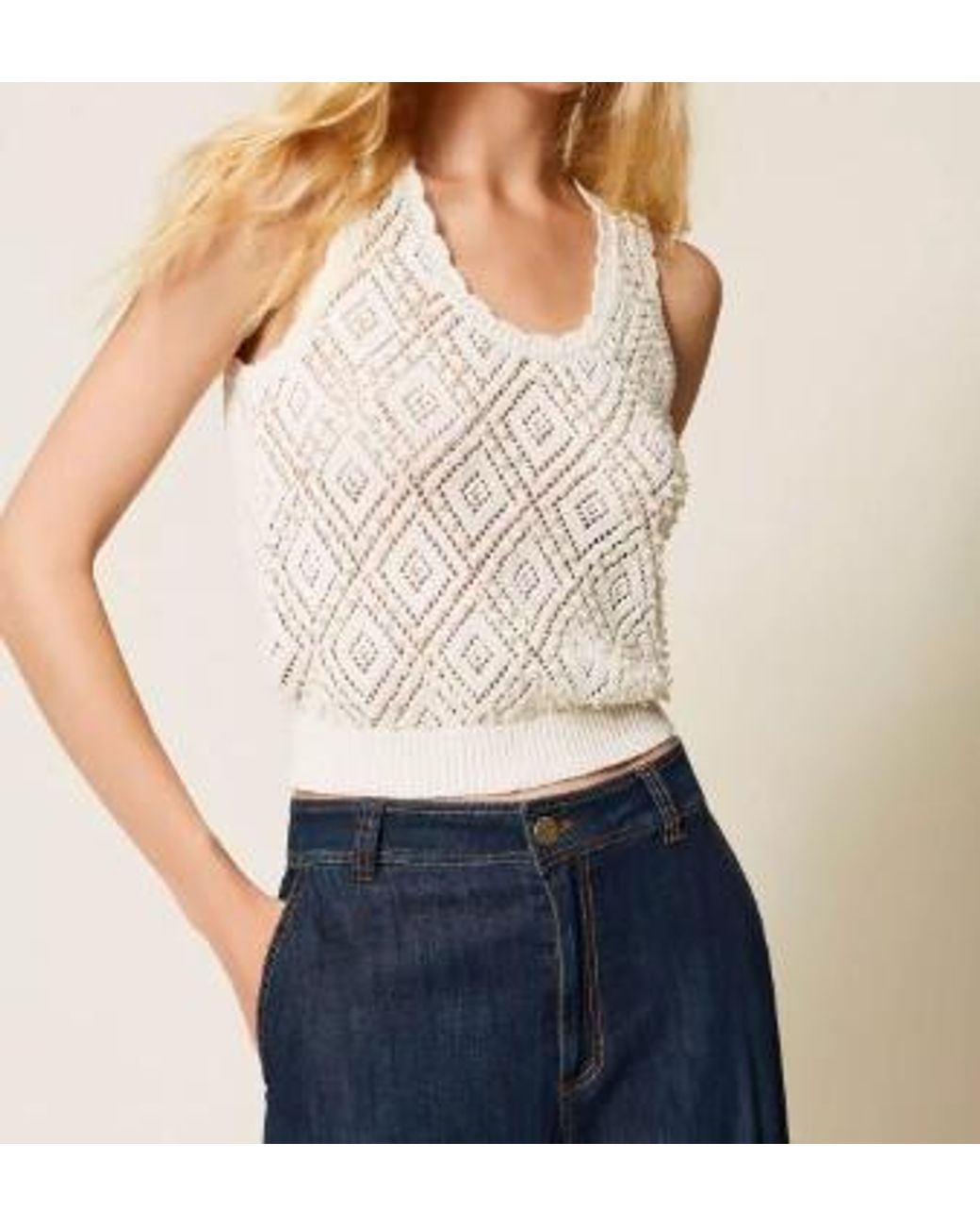 Twinset Natural Pearl-Embellished Knit Tank Top