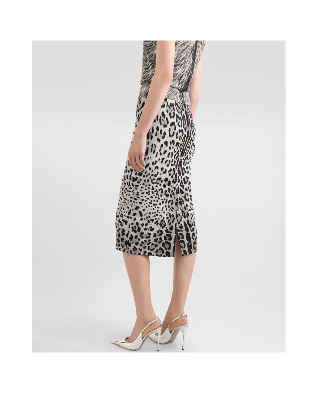 Dolce & Gabbana White Charmeuse Calf-Length Pencil Skirt With Leopard