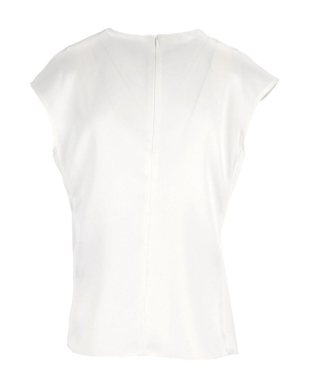 Emporio Armani White Crewneck Pleated Cap-Sleeved Blouse