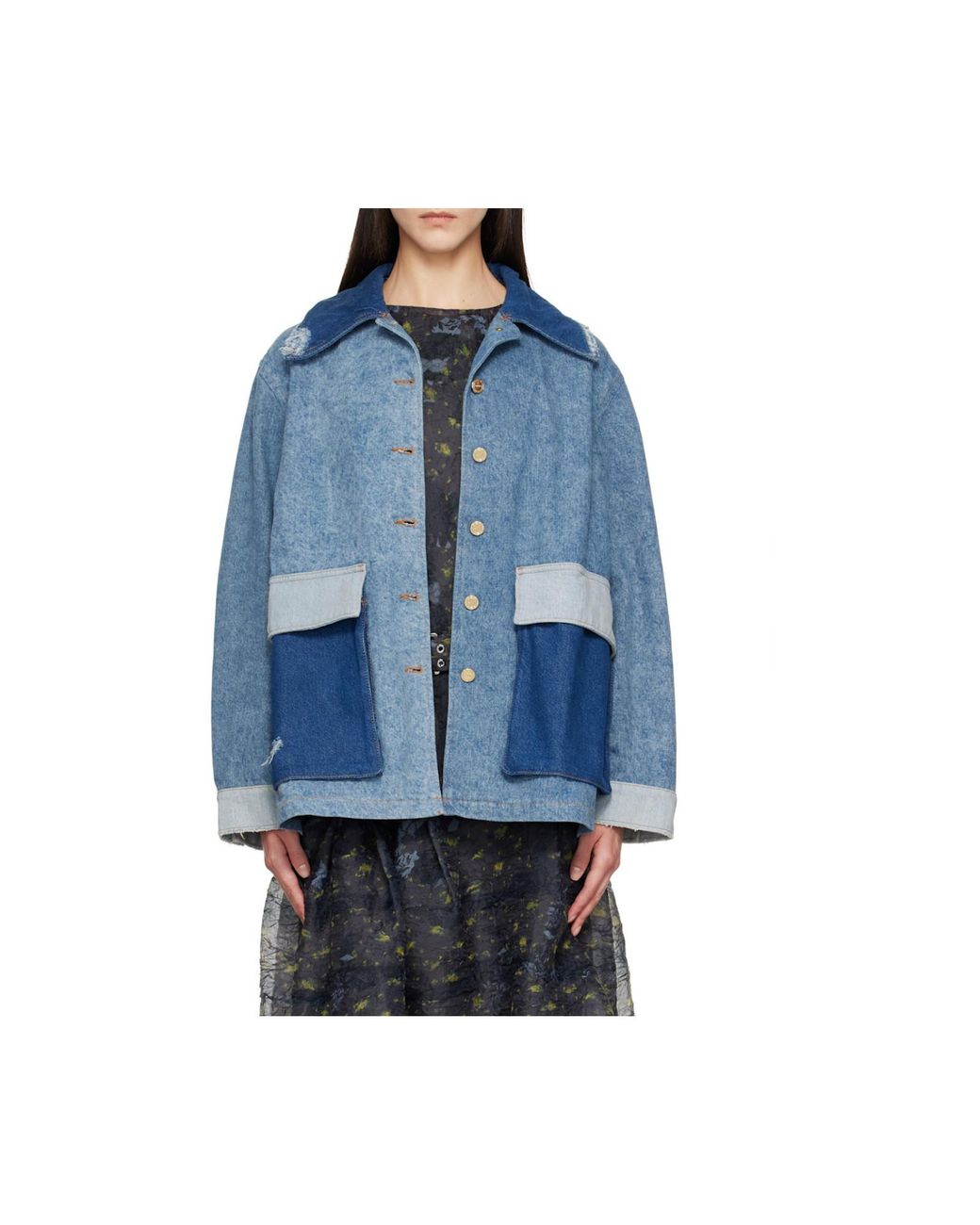 Ganni Blue Patchwork Midi Denim Jacket