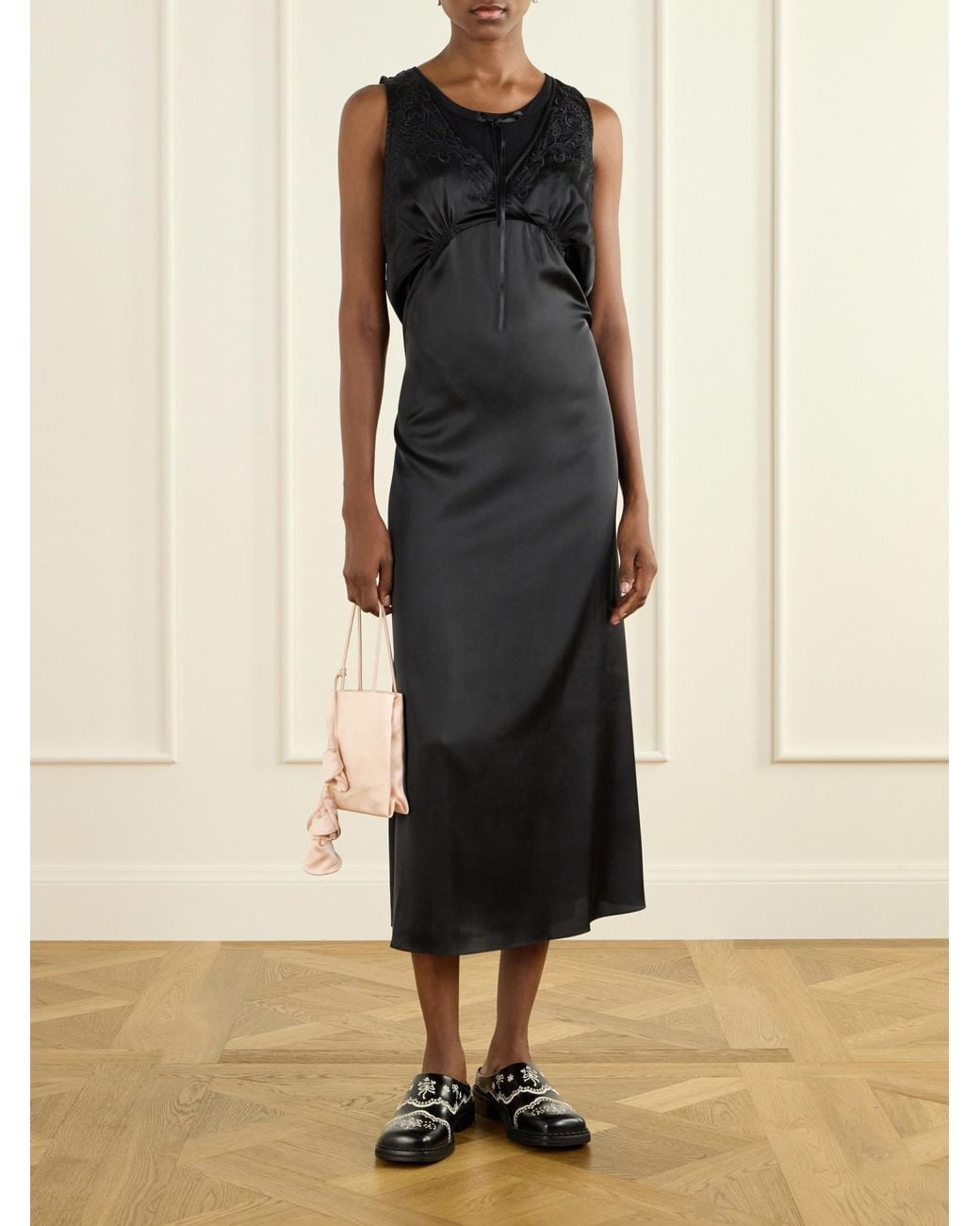 Simone Rocha Black Bow-Detailed Embroidered Satin Midi Dress