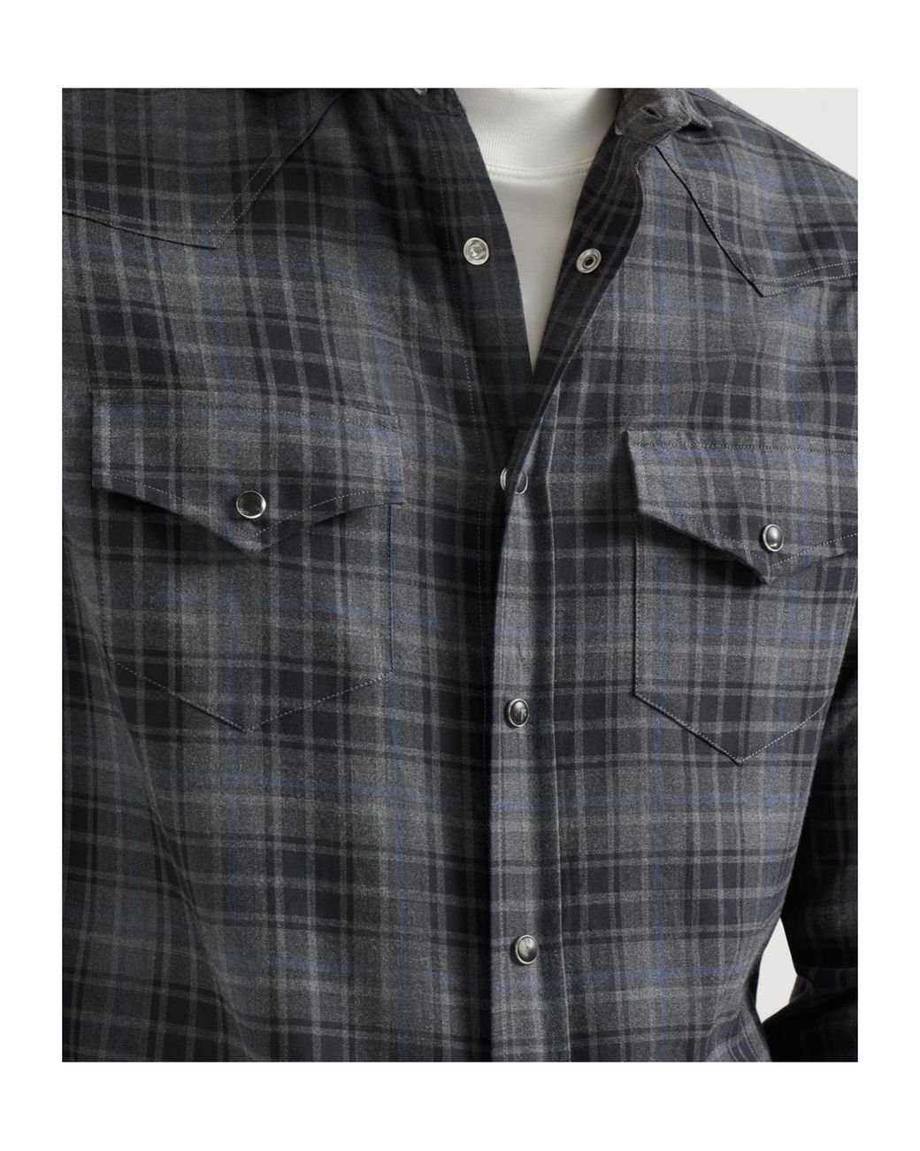 Brunello Cucinelli Gray Cotton Madras Western Shirt for men