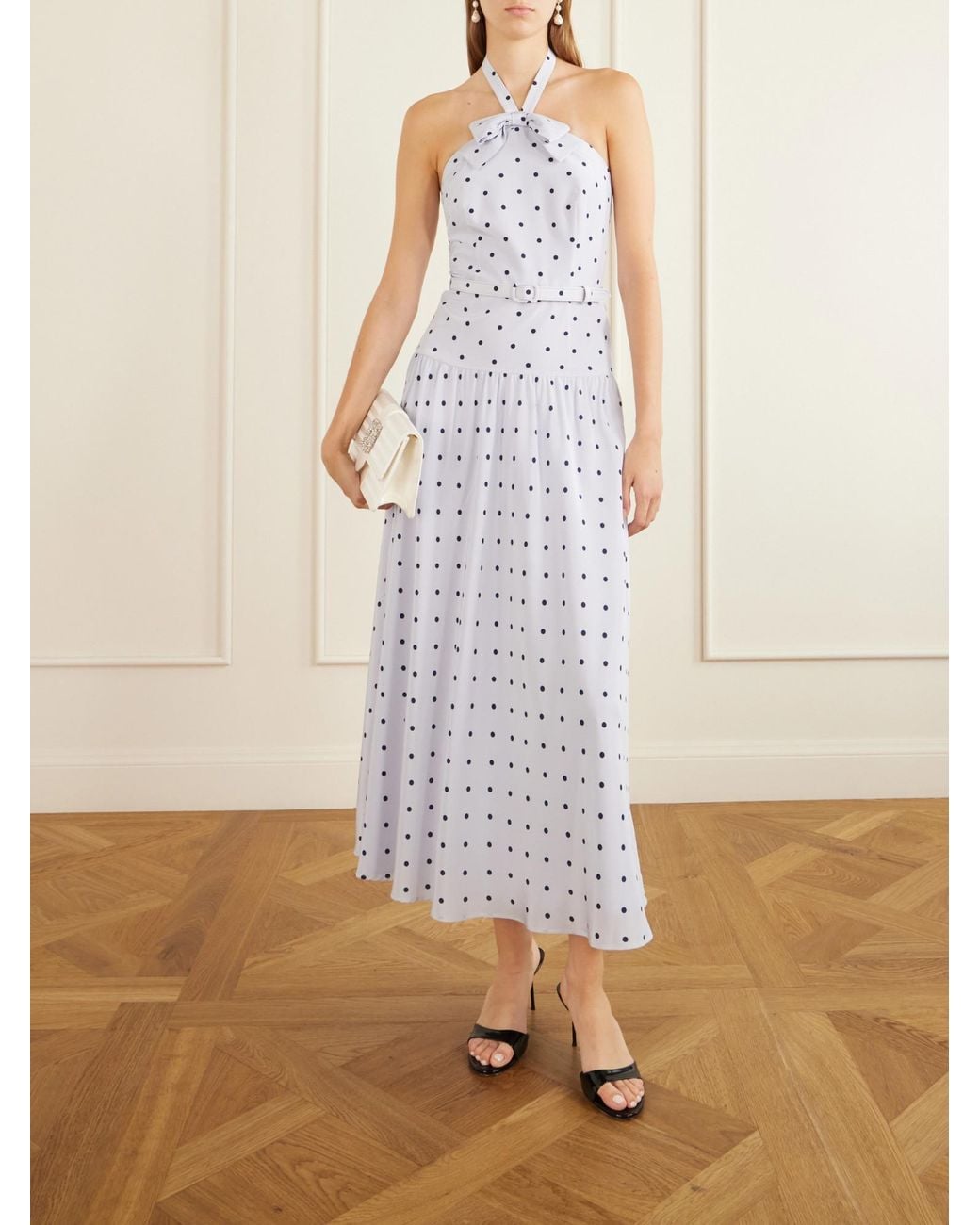 Alessandra Rich White Belted Polka-Dot Bow-Detail Silk Midi Dress