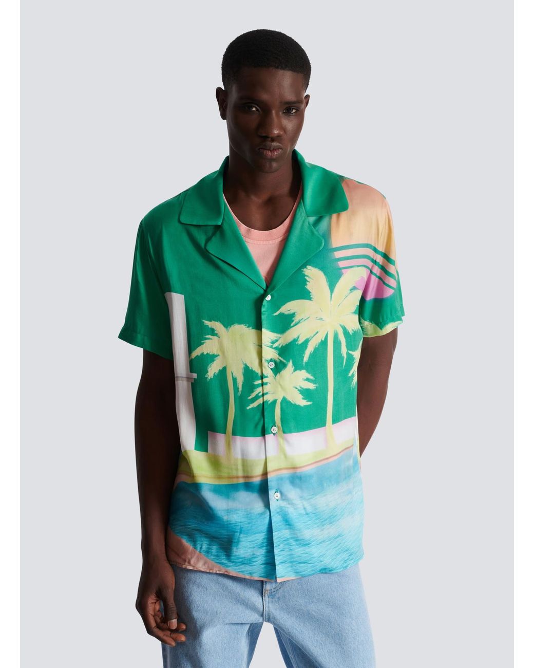 Balmain Blue Palm Printed Short-Sleeve Twill Shirt for men