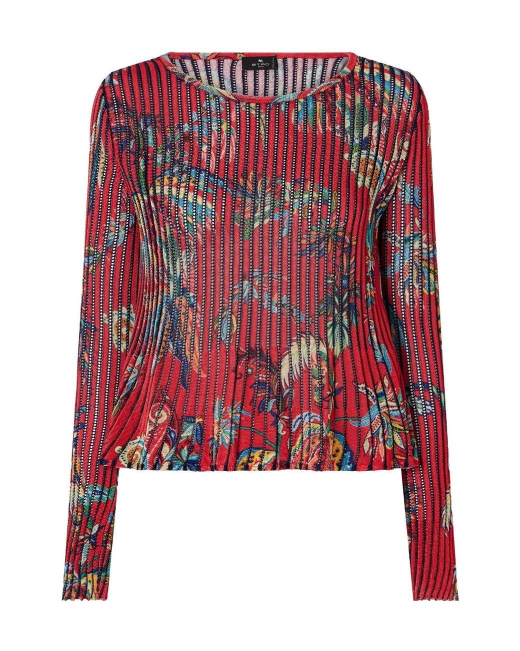 Etro Red Floral-Print Open-Knit Ribbed Blouse