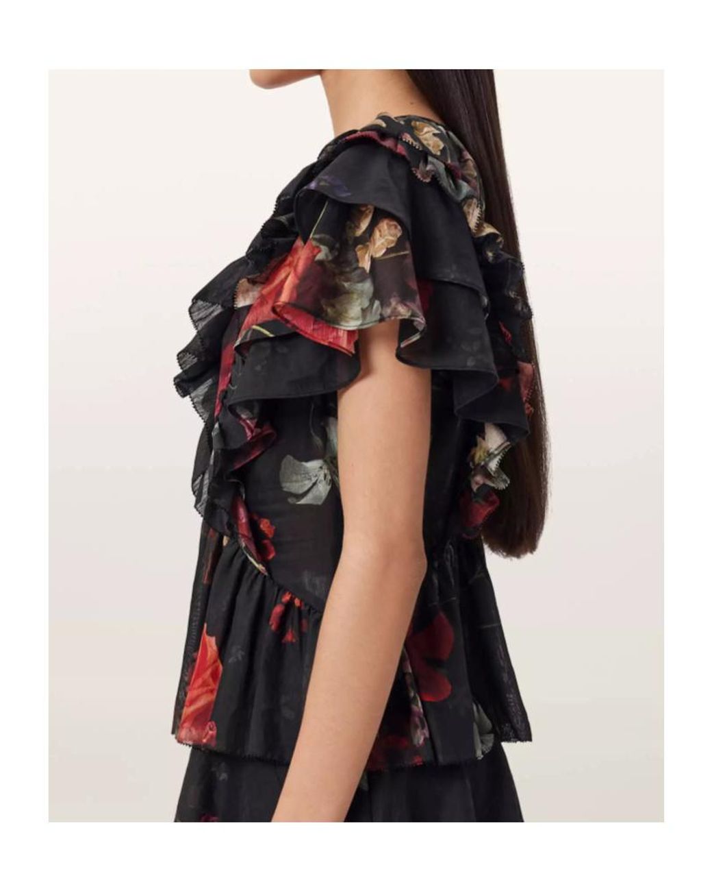 AllSaints Black Alma Ruffled Floral Top