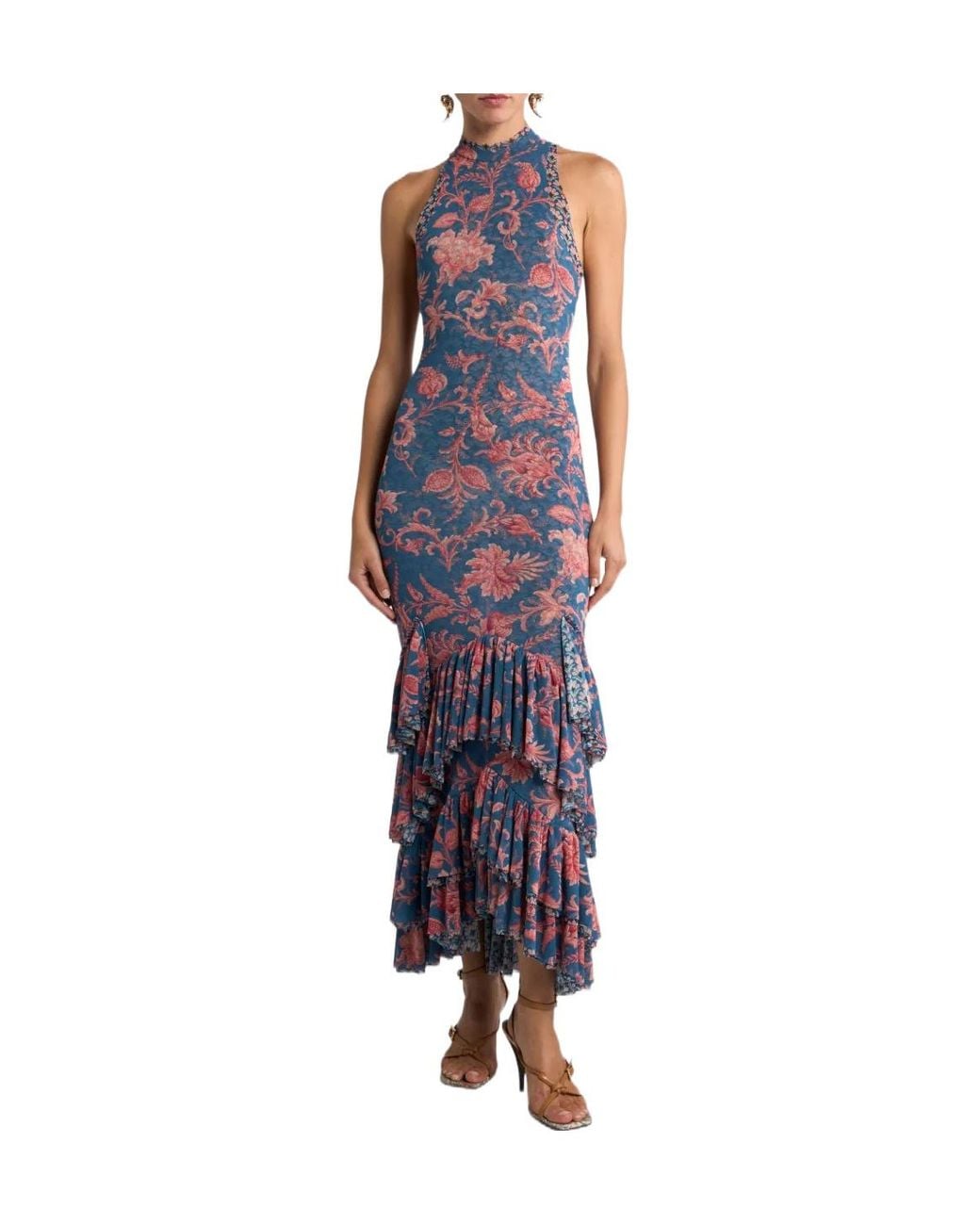 Etro Purple Stretch Tulle Long Dress With Floral Motif
