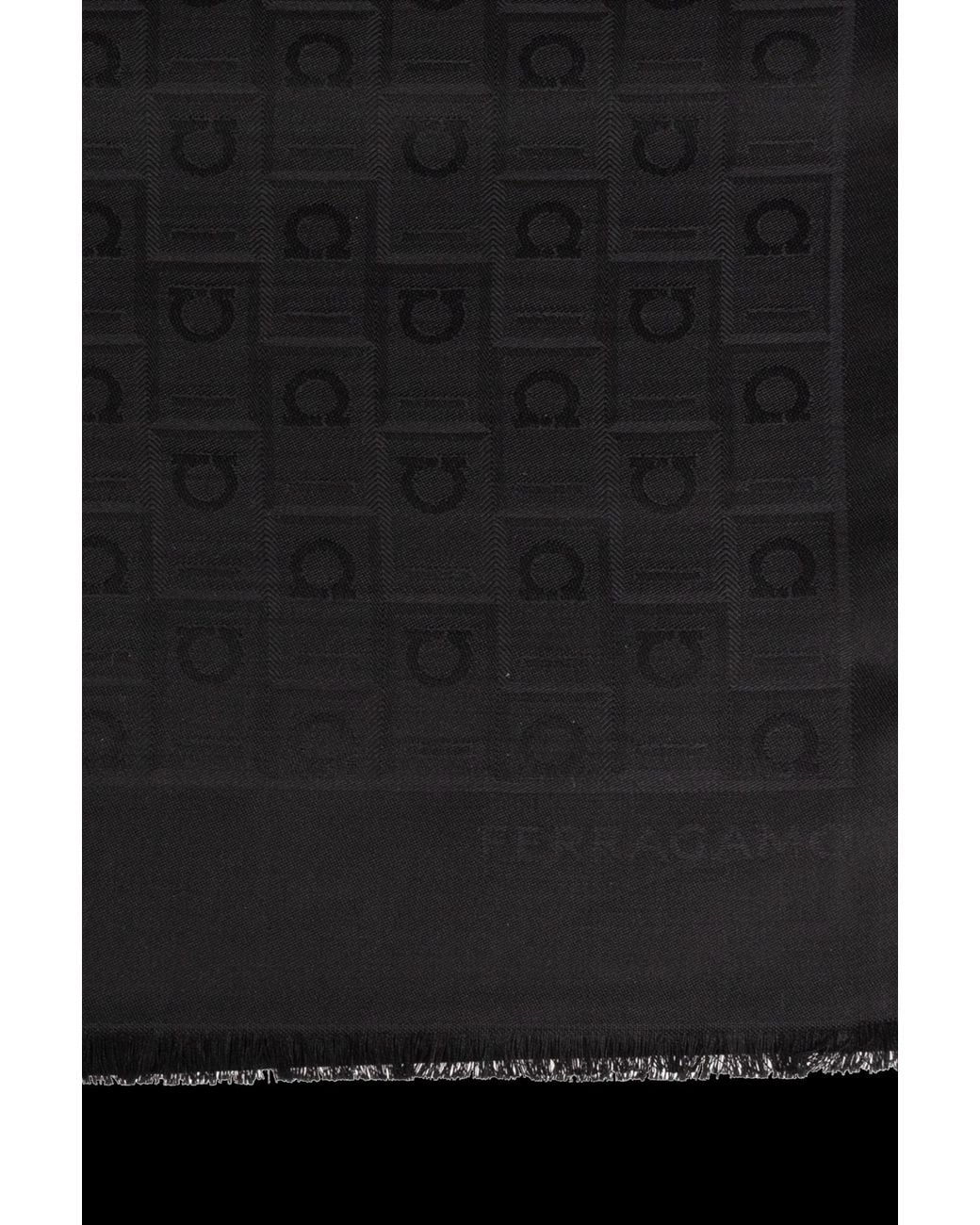 Ferragamo Black Ferragamo Monogram Jacquard Frayed-Edge Scarf
