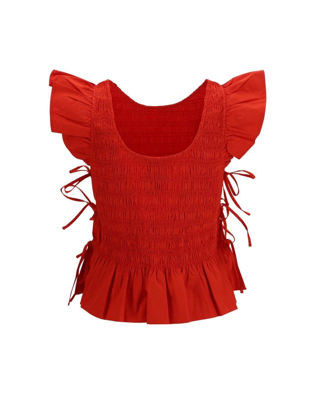 Ganni Red Smocked Peplum Tops