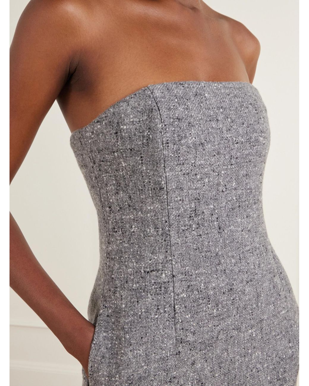 Auralee Gray Strapless Wool-Tweed Midi Dress