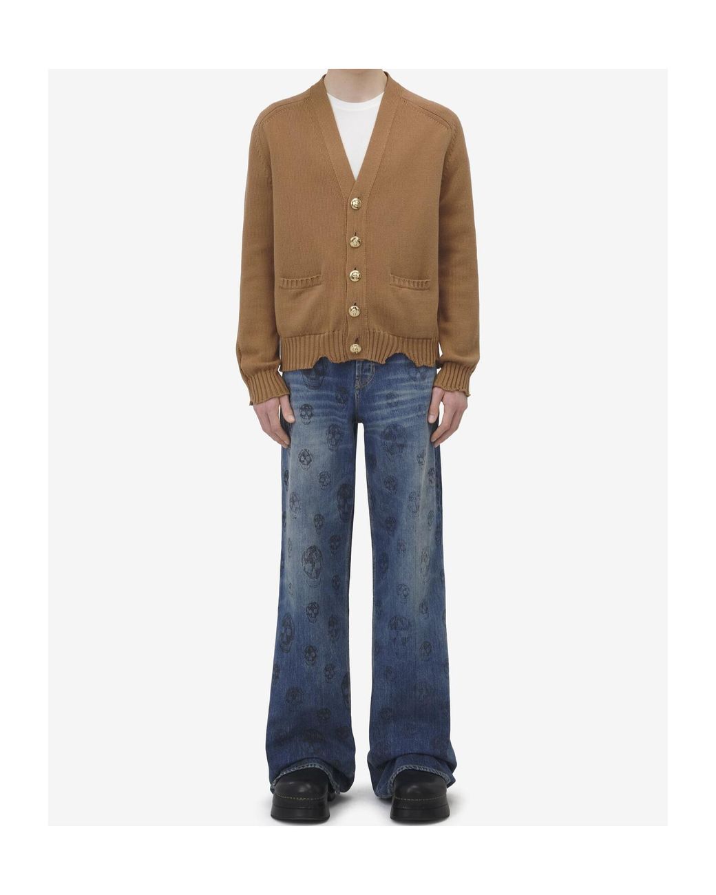 McQueen Brown Distressed Skull V-Neck Cardigan for men