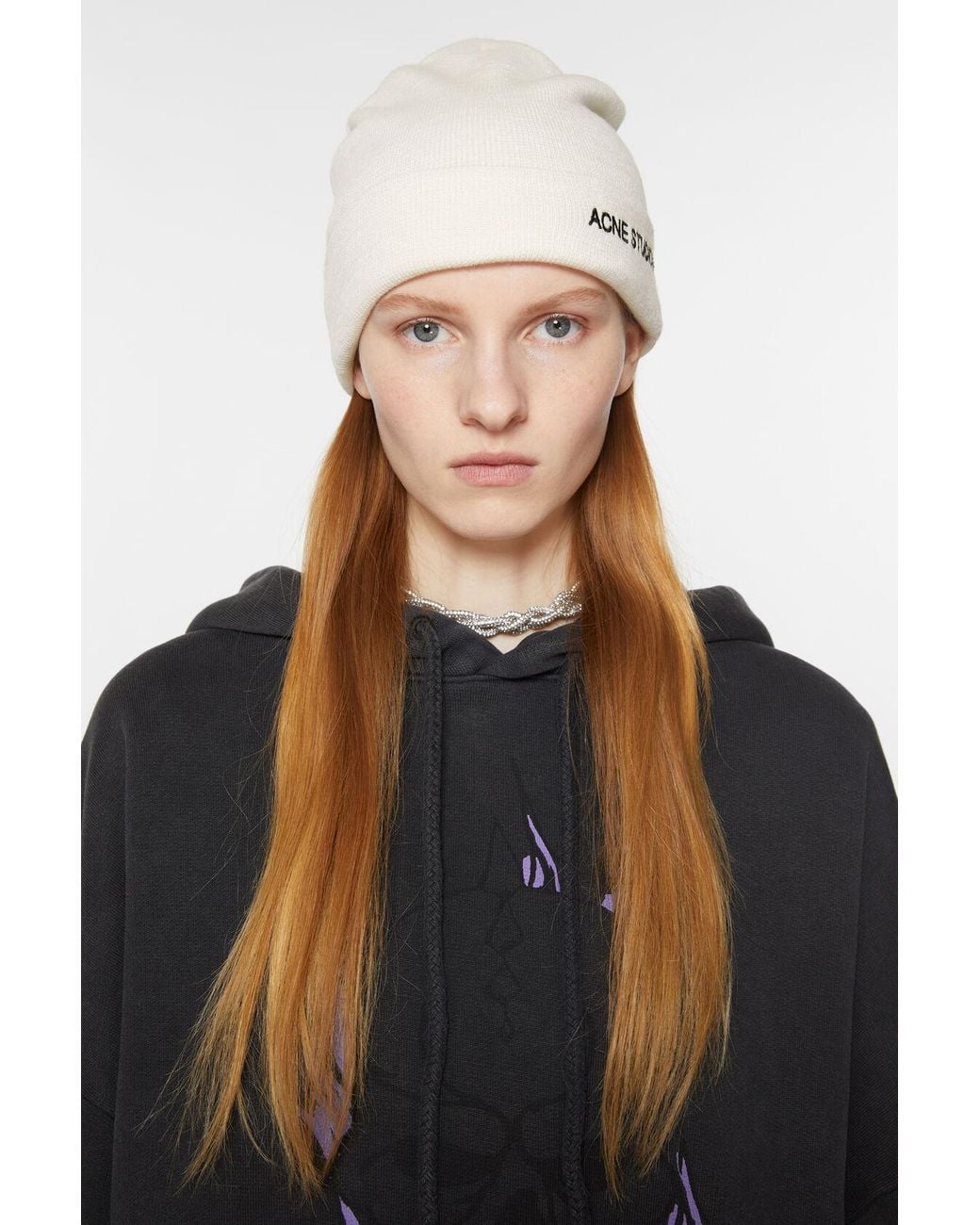 Acne White Logo Embroidered Ribbed Beanie for men