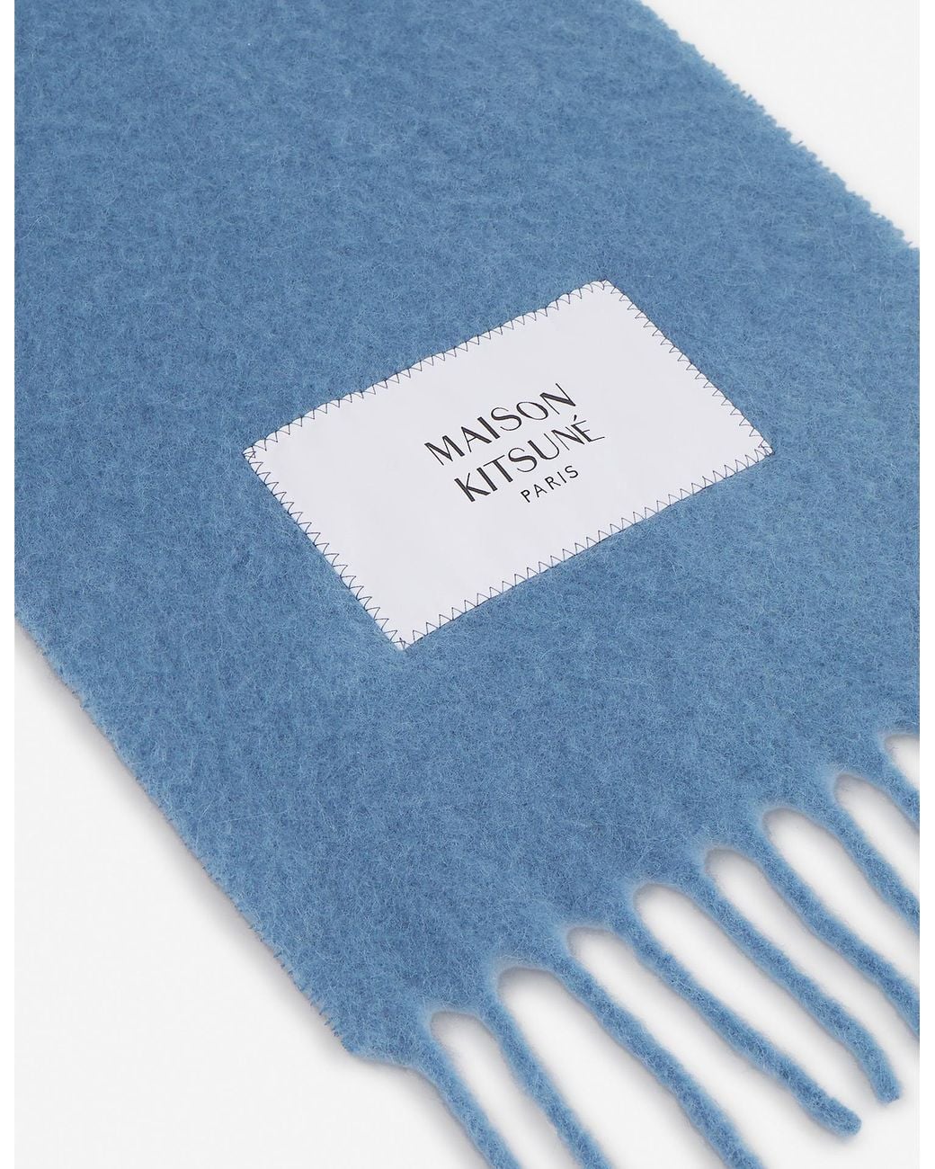 Maison Kitsuné Blue Maison Kitsuné Logo Patch Fringed Knit Scarf for men